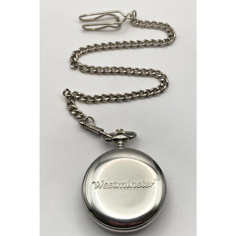 Westminster Quartz Wolf Pocket Watch Full Hunter - New Battery - Chain and Clip - Picture 3 of 11